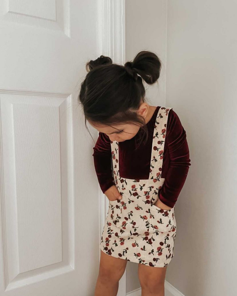 Billie Corduroy Suspender Skirt - Cream Floral